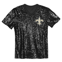 New Orleans Saints Girls Youth Wordmark Sequin V-Neck Top Black - NFL