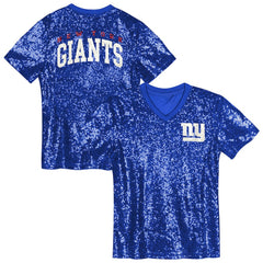 New York Giants Girls Youth Wordmark Sequin V-Neck Top Royal - NFL