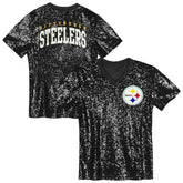 Pittsburgh Steelers Girls Youth Wordmark Sequin V-Neck Top Black - NFL