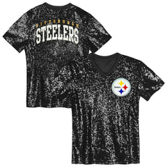 Pittsburgh Steelers Girls Youth Wordmark Sequin V-Neck Top Black - NFL