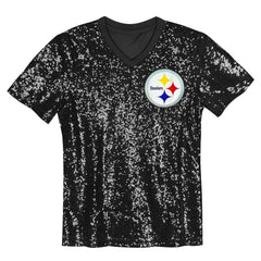 Pittsburgh Steelers Girls Youth Wordmark Sequin V-Neck Top Black - NFL