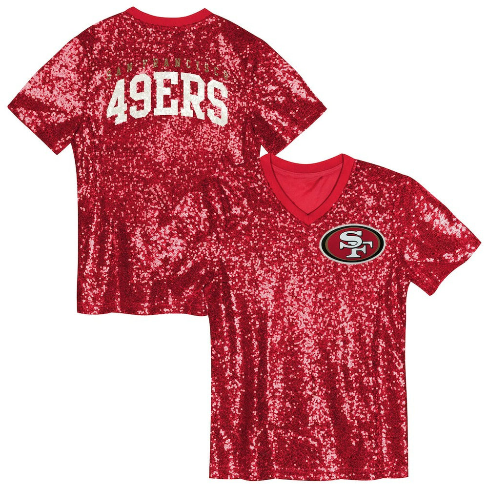 San Francisco 49ers Girls Youth Wordmark Sequin V-Neck Top Scarlet - NFL