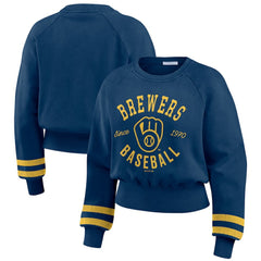 Milwaukee Brewers WEAR by Erin Andrews Women's Vintage Washed Cropped Pullover Sweatshirt Clearance