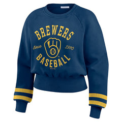 Milwaukee Brewers WEAR by Erin Andrews Women's Vintage Washed Cropped Pullover Sweatshirt Clearance