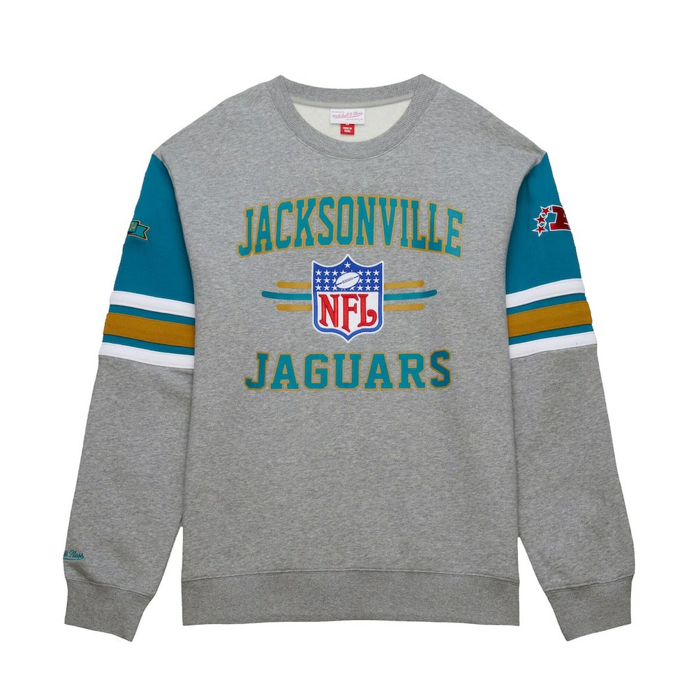 Jacksonville Jaguars All Over 4.0 Vintage Logo Pullover Sweatshirt Heather Gray - Mitchell & Ness