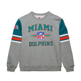 Miami Dolphins All Over 4.0 Vintage Logo Pullover Sweatshirt Heather Gray - Mitchell & Ness