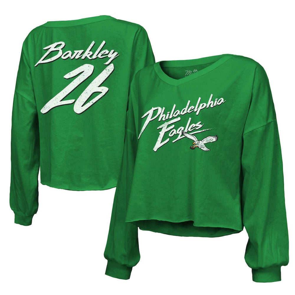 Saquon Barkley Philadelphia Eagles Majestic Threads Women's Name & Number Off-Shoulder Script Cropped Long Sleeve Relaxed V-Neck T-Shirt Kelly Green - NFL