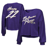 Derrick Henry Baltimore Ravens Majestic Threads Women's Name & Number Off-Shoulder Script Cropped Long Sleeve Relaxed V-Neck T-Shirt Purple - NFL