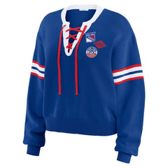 New York Rangers WEAR by Erin Andrews Women's Cropped Lace-Up Sweater Blue