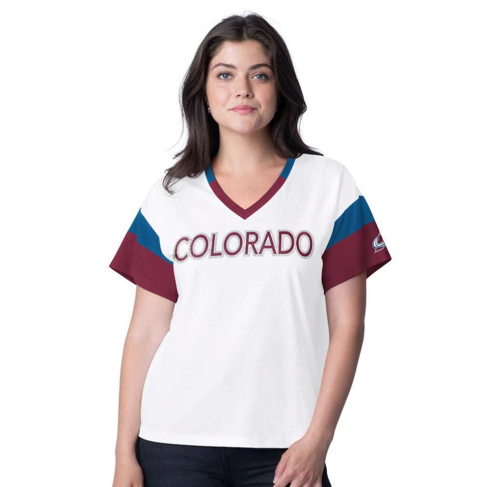 Colorado Avalanche - G-III 4Her by Carl Banks Women's Rink Oversized Rhinestone V-Neck T-Shirt White