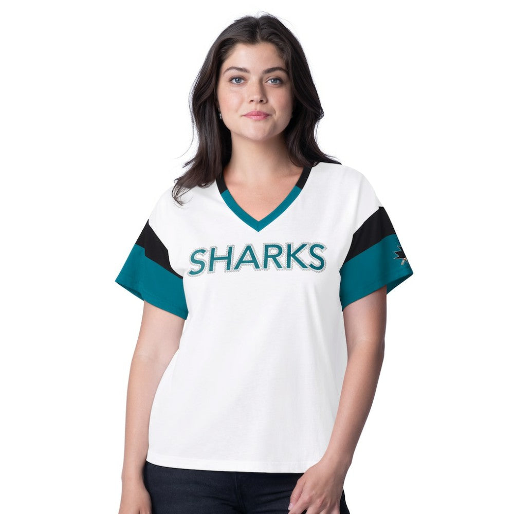 San Jose Sharks - G-III 4Her by Carl Banks Women's Rink Oversized Rhinestone V-Neck T-Shirt White