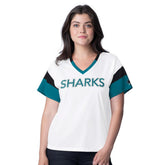 San Jose Sharks - G-III 4Her by Carl Banks Women's Rink Oversized Rhinestone V-Neck T-Shirt White