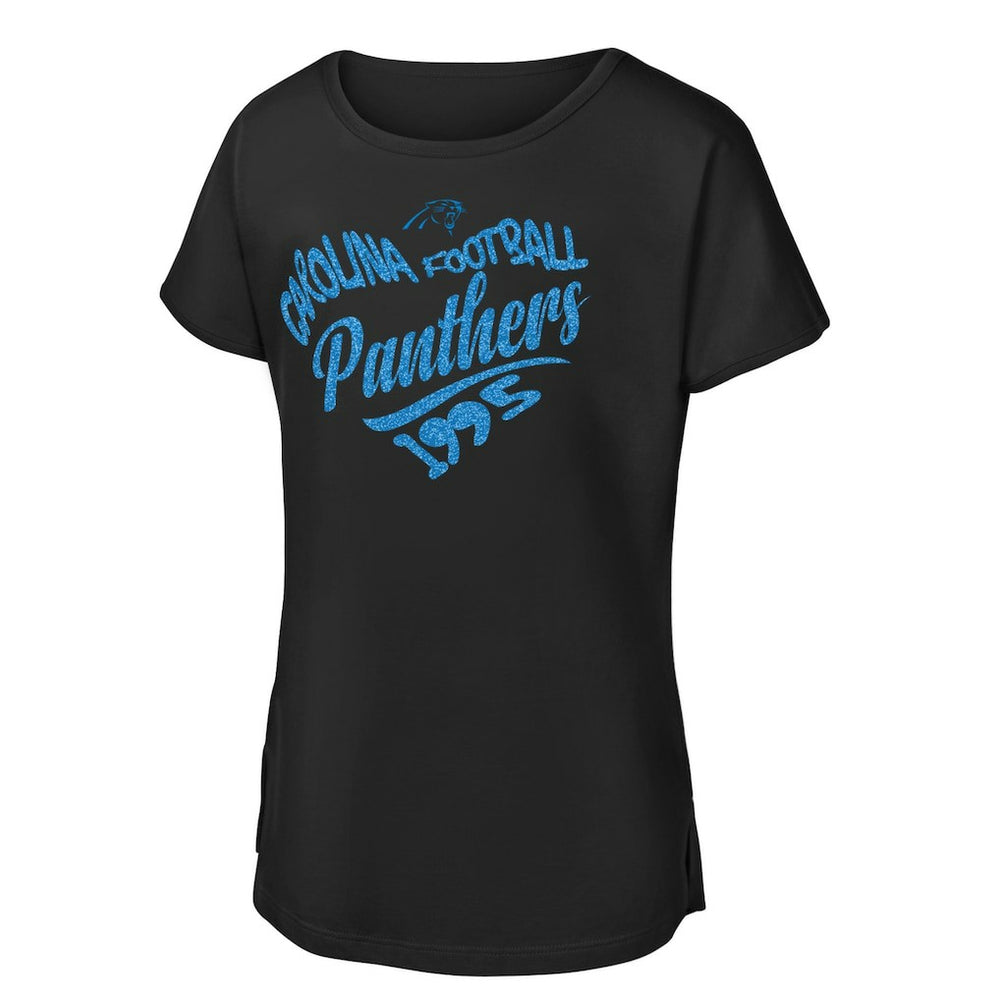 Carolina Panthers Girls Youth Script Heart Dolman T-Shirt Black - NFL