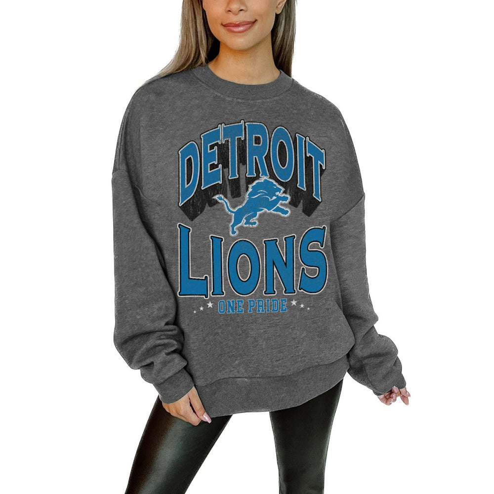 Detroit Lions Gameday Couture Women's Oversized Long Weekend Premium Fleece Drop Shoulder Pullover Sweatshirt Charcoal - NFL