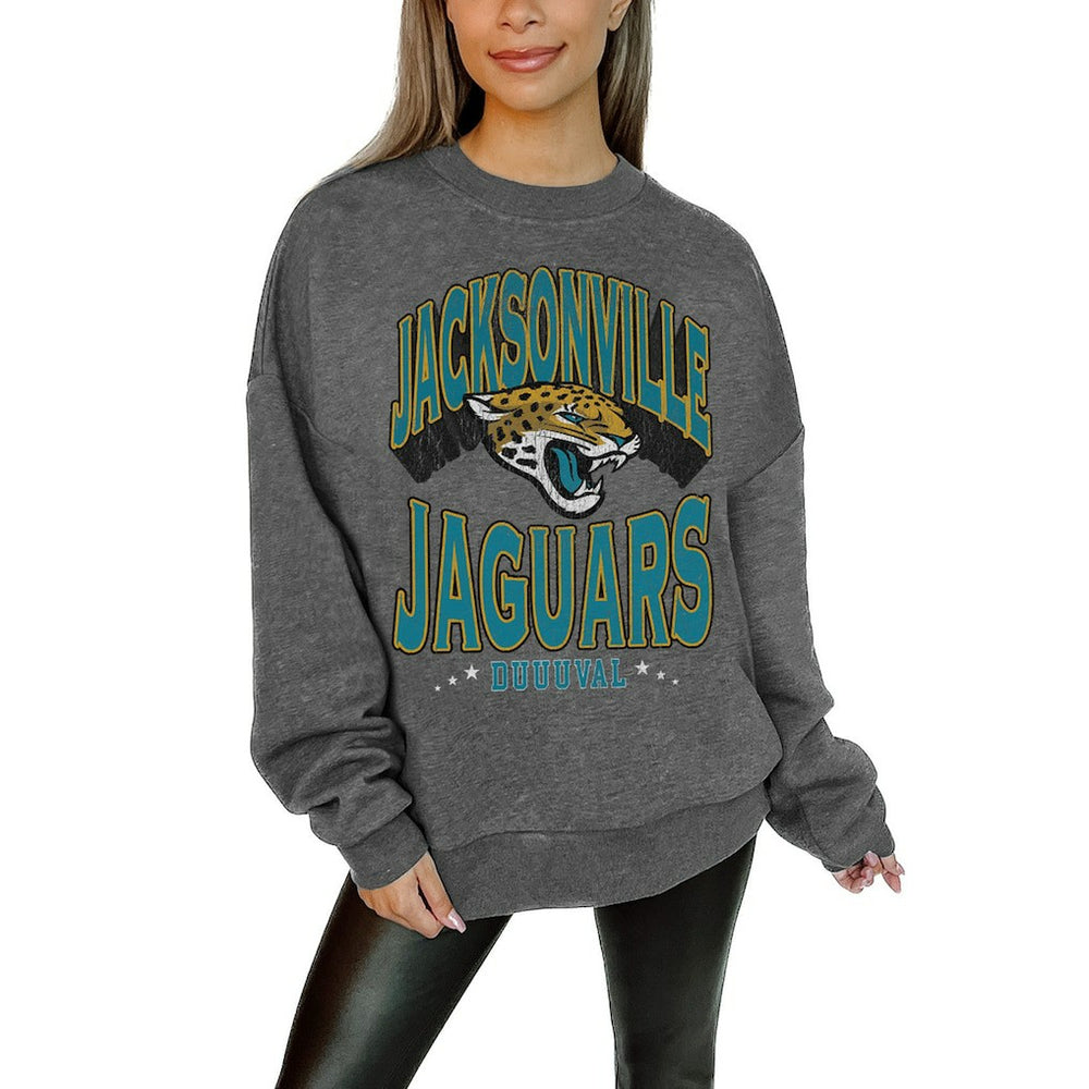 Jacksonville Jaguars Gameday Couture Women's Oversized Long Weekend Premium Fleece Drop Shoulder Pullover Sweatshirt Charcoal - NFL