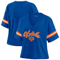 NBA - New York Knicks WEAR by Erin Andrews Women's Plus Size Color Block Boxy V-Neck T-Shirt - Blue
