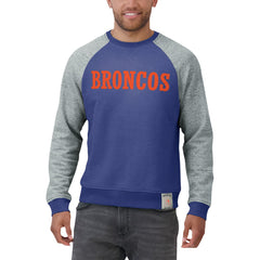 Denver Broncos Darius Rucker Collection Throwback Color Block Raglan Pullover Sweatshirt Royal/Heather Gray - Fanatics