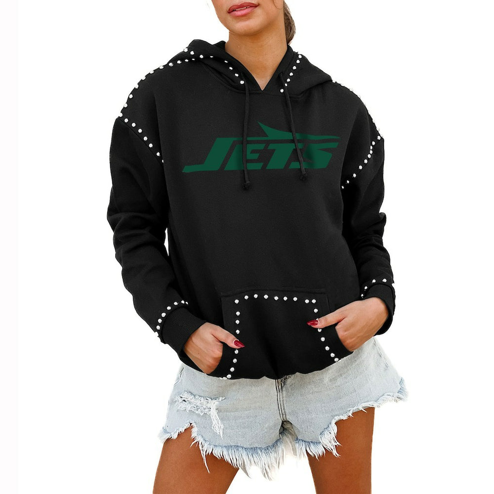 New York Jets Gameday Couture Women's Oversized Catch the Vibe Studded Pullover Hoodie Black - NFL
