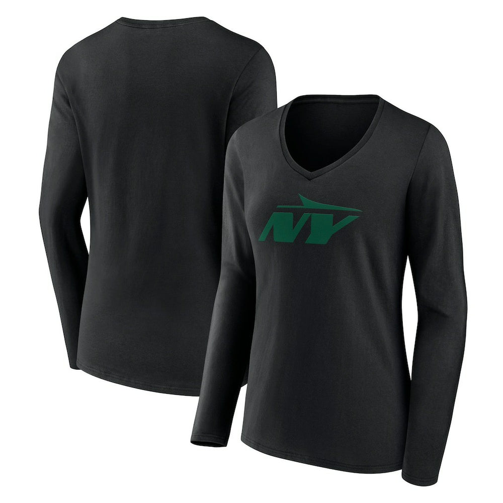 New York Jets Women's Secondary Logo Long Sleeve V-Neck T-Shirt Black - NFL