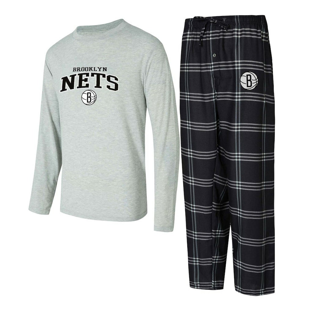 NBA - Brooklyn Nets Concepts Sport Petition Long Sleeve Top and Plaid Pant Set - Black/Gray
