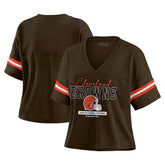 Cleveland Browns WEAR by Erin Andrews Women's Color Block Boxy Modest Crop V-Neck T-Shirt Brown - NFL