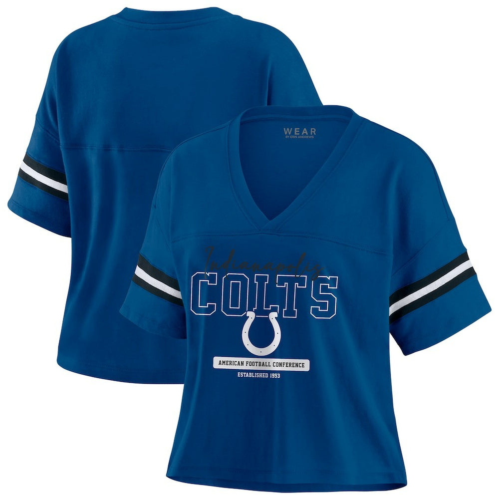 Indianapolis Colts WEAR by Erin Andrews Women's Color Block Boxy Modest Crop V-Neck T-Shirt Royal - NFL