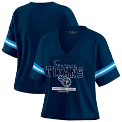 Tennessee Titans WEAR by Erin Andrews Women's Color Block Boxy Modest Crop V-Neck T-Shirt Navy - NFL