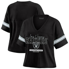 Las Vegas Raiders WEAR by Erin Andrews Women's Color Block Boxy Modest Crop V-Neck T-Shirt Black - NFL