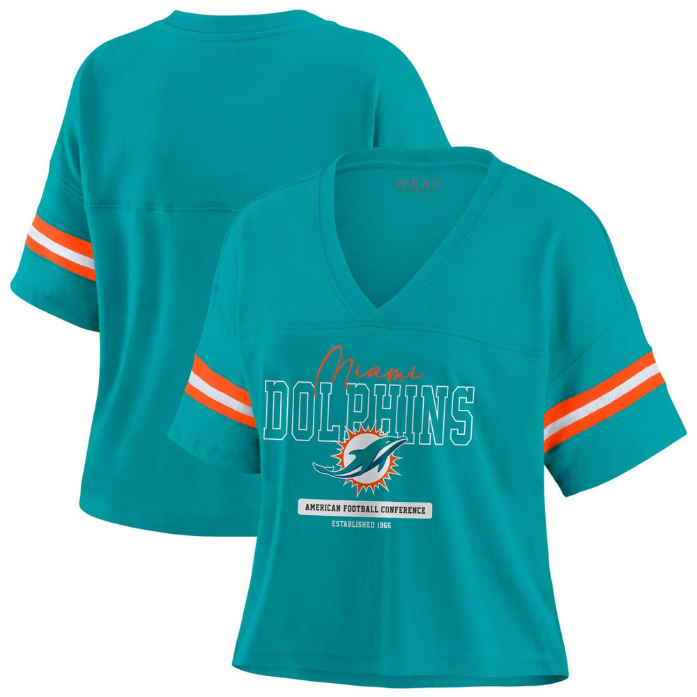 Miami Dolphins WEAR by Erin Andrews Women's Color Block Boxy Modest Crop V-Neck T-Shirt Aqua - NFL