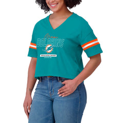 Miami Dolphins WEAR by Erin Andrews Women's Color Block Boxy Modest Crop V-Neck T-Shirt Aqua - NFL