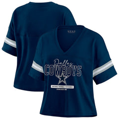 Dallas Cowboys WEAR by Erin Andrews Women's Color Block Boxy Modest Crop V-Neck T-Shirt Navy - NFL