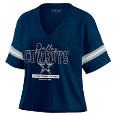 Dallas Cowboys WEAR by Erin Andrews Women's Color Block Boxy Modest Crop V-Neck T-Shirt Navy - NFL