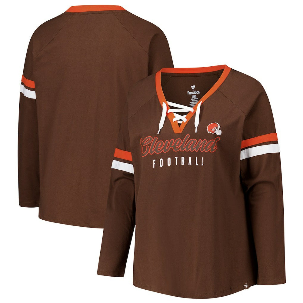 Cleveland Browns Women's Plus Size Won & Done Lace-Up V-Neck Long Sleeve T-Shirt Brown - Fanatics