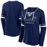 Dallas Cowboys Women's Plus Size Won & Done Lace-Up V-Neck Long Sleeve T-Shirt Navy - Fanatics