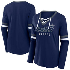 Dallas Cowboys Women's Plus Size Won & Done Lace-Up V-Neck Long Sleeve T-Shirt Navy - Fanatics