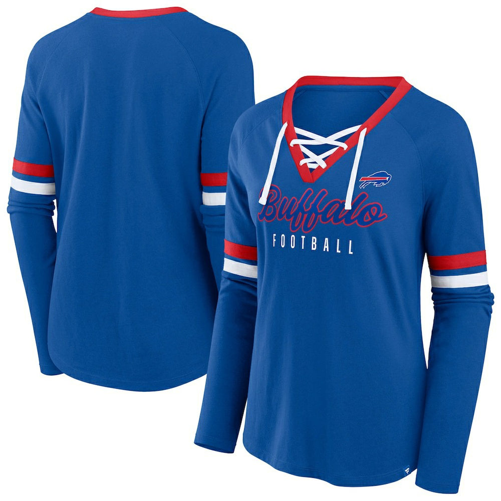 Buffalo Bills Women's Plus Size Won & Done Lace-Up V-Neck Long Sleeve T-Shirt Royal - Fanatics