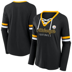 Pittsburgh Steelers Women's Plus Size Won & Done Lace-Up V-Neck Long Sleeve T-Shirt Black - Fanatics