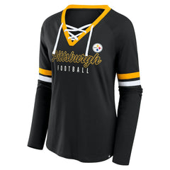 Pittsburgh Steelers Women's Plus Size Won & Done Lace-Up V-Neck Long Sleeve T-Shirt Black - Fanatics