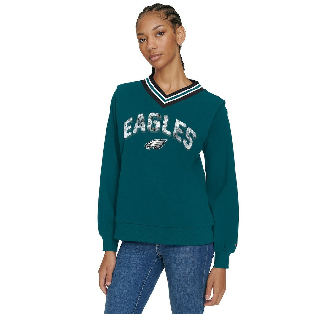 Philadelphia Eagles Tommy Hilfiger Women's Alice V-Neck Pullover Sweatshirt Midnight Green - NFL