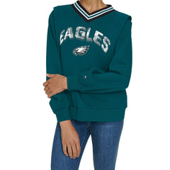 Philadelphia Eagles Tommy Hilfiger Women's Alice V-Neck Pullover Sweatshirt Midnight Green - NFL