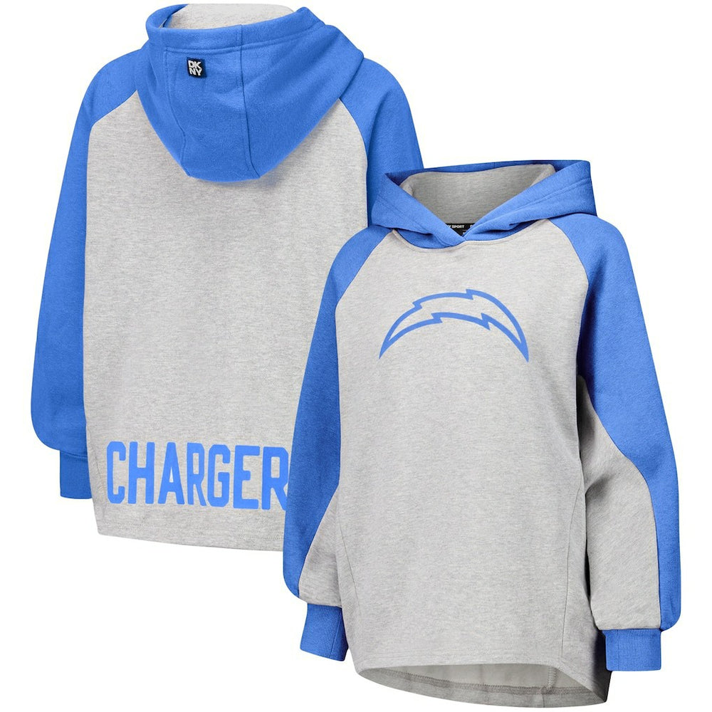 Los Angeles Chargers DKNY Sport Women's Joy Cropped Raglan Pullover Hoodie - Gray/Powder Blue - NFL