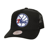 Mitchell & Ness - Philadelphia 76ers Monogram Allover Logo Mesh Trucker Adjustable Hat - Black