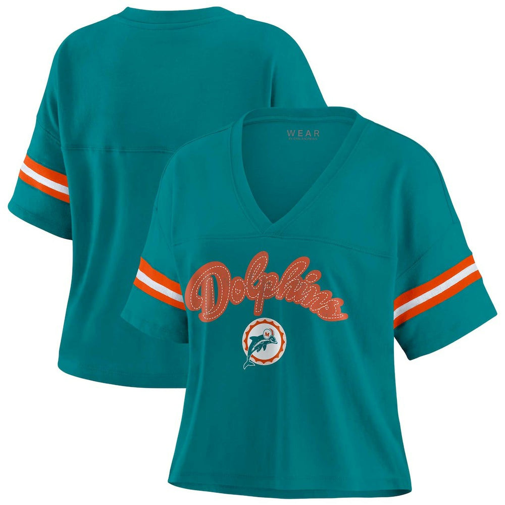 Miami Dolphins WEAR by Erin Andrews Women's Plus Size Color Block Boxy V-Neck T-Shirt Aqua - NFL