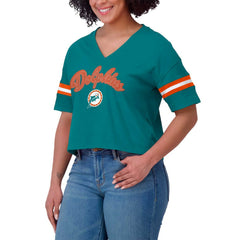 Miami Dolphins WEAR by Erin Andrews Women's Plus Size Color Block Boxy V-Neck T-Shirt Aqua - NFL