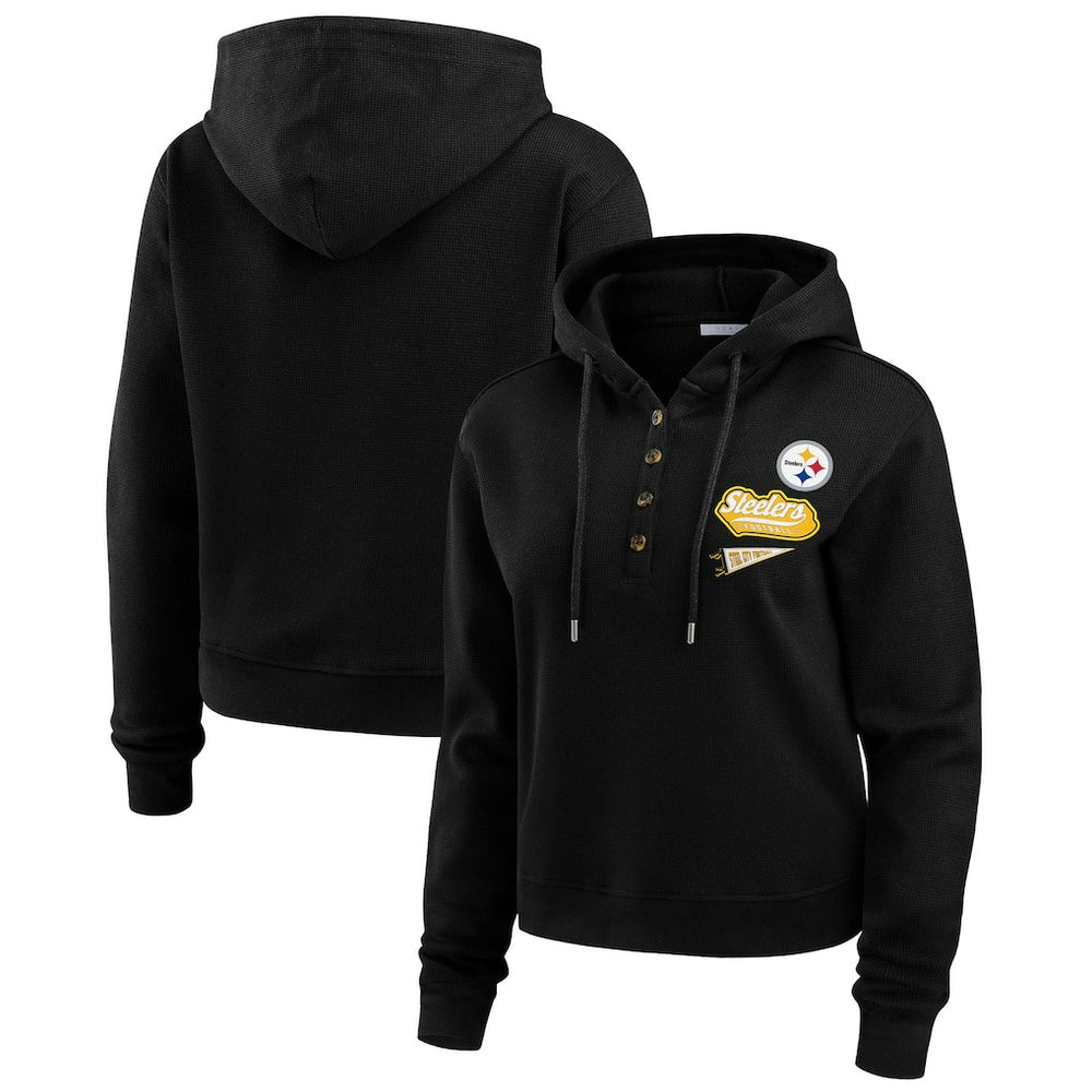 Pittsburgh Steelers WEAR by Erin Andrews Women's Waffle-Knit Pullover Hoodie Black - NFL