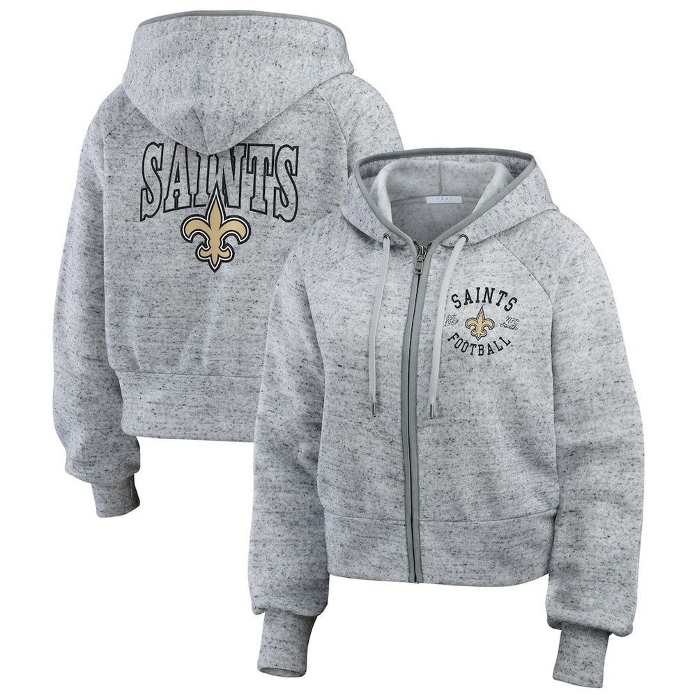 New Orleans Saints WEAR by Erin Andrews Women's Speckled Fleece Cropped Full-Zip Hoodie Heather Gray - NFL