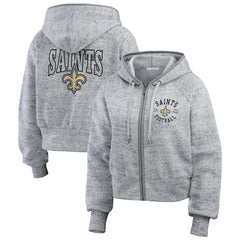 New Orleans Saints WEAR by Erin Andrews Women's Speckled Fleece Cropped Full-Zip Hoodie Heather Gray - NFL