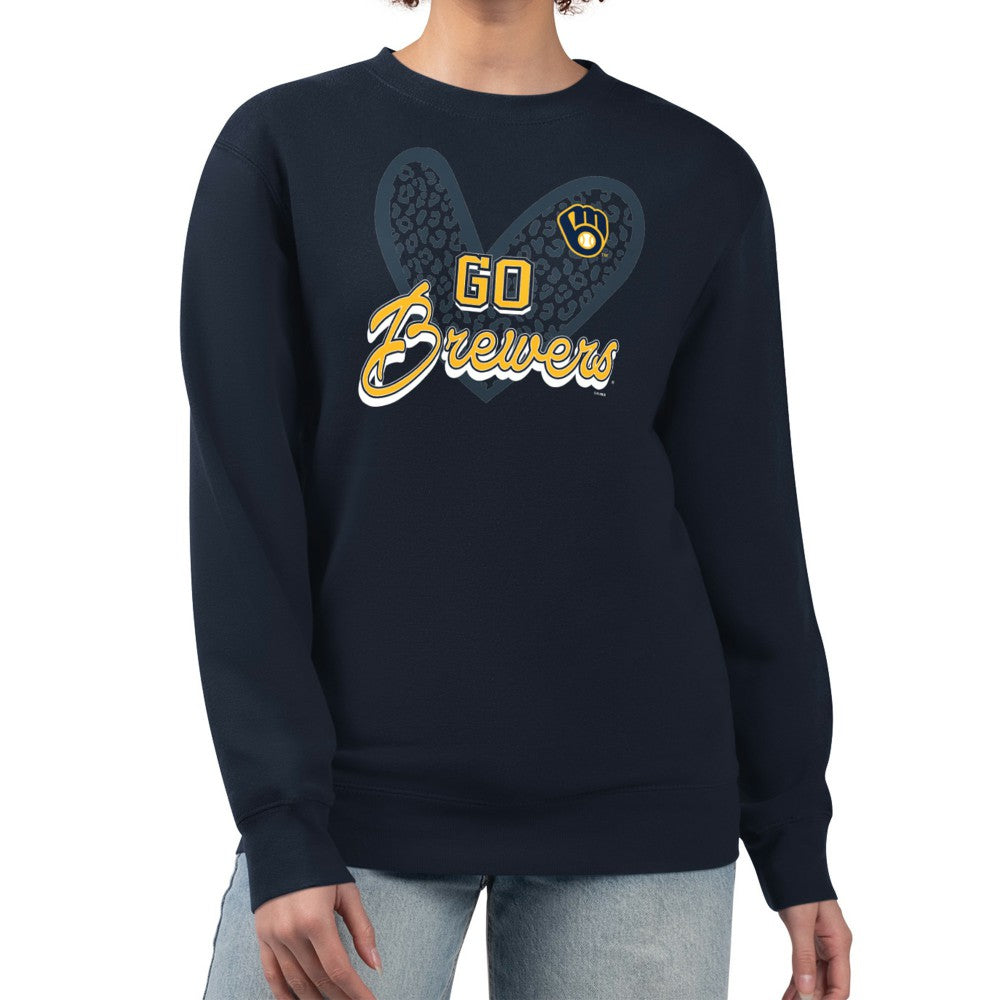 Milwaukee Brewers G-III 4Her by Carl Banks Women's Leopard Heart Pullover Sweatshirt Clearance