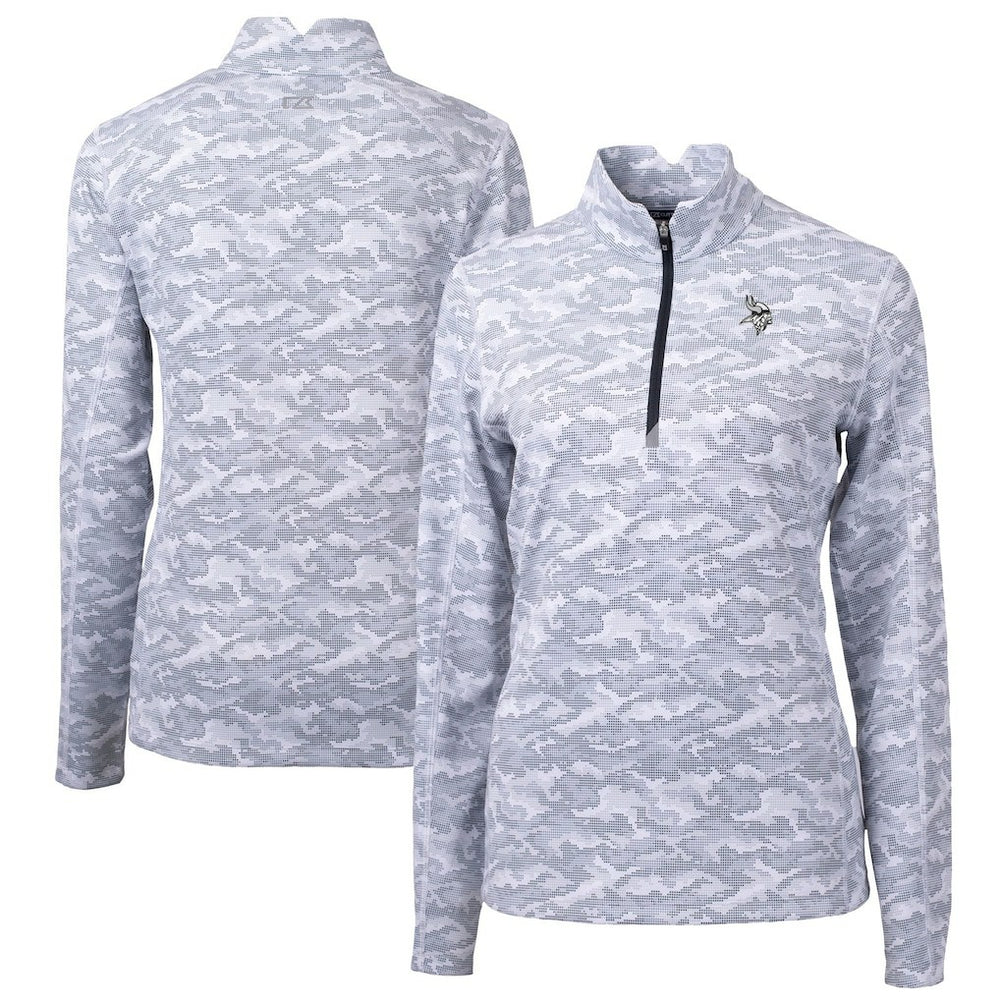 Minnesota Vikings Cutter & Buck Women's Traverse Camo Print Stretch Tri-Blend Quarter-Zip Top Gray - NFL