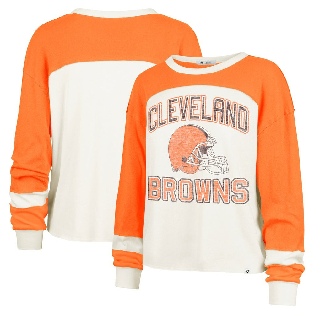 Cleveland Browns '47 Women's Double Header Curve Raglan Long Sleeve Crop Top Cream - 47 brand